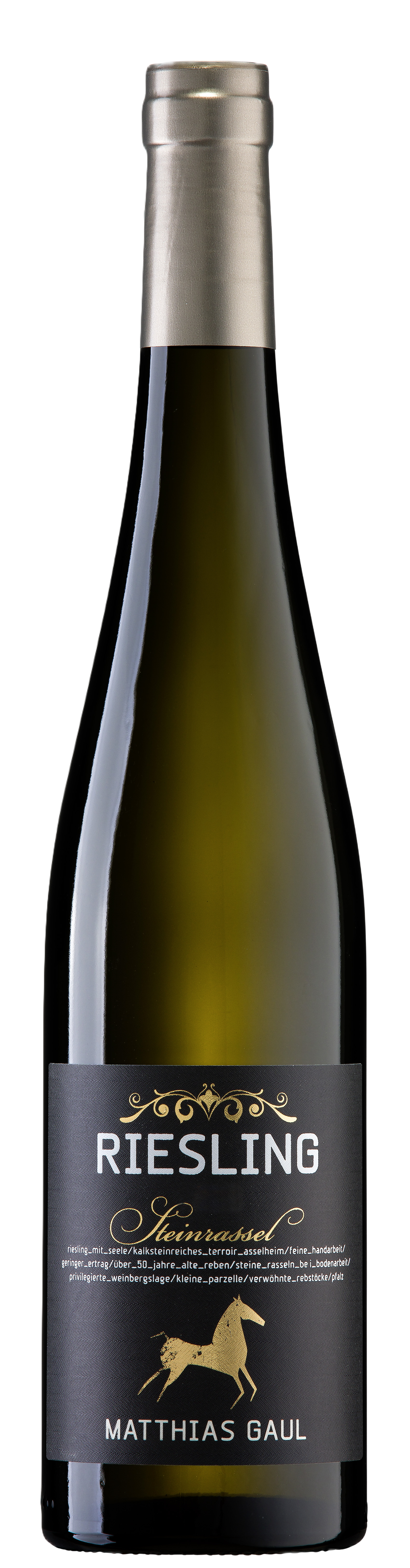 Matthias Gaul Riesling Steinrassel, Weißwein aus der Pfalz, stehende Flasche mit Etikett