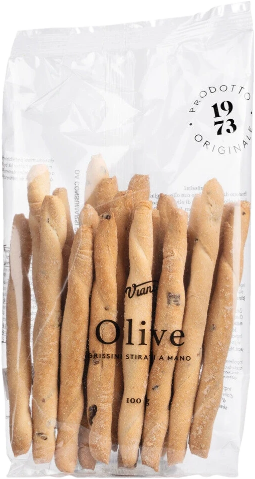 Mini Grissini mit Taggiasca-Oliven, 100g, kleine knusprige Stabgebäcke mit dezent-nussigem Olivenaroma.