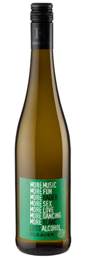 Emil Bauer More Blanc alkoholfrei, weiße Flasche mit hellgrünem Etikett, 750 ml