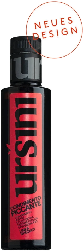 Flasche Olio Piccante, pikantes Olivenöl extra vergine mit Peperoncini, Terre dell'Abbazia