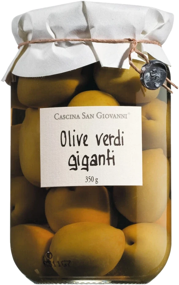 Große grüne Tafeloliven mit Stein in Salzlake – Olive verdi giganti, bissfest und saftig im Glas.