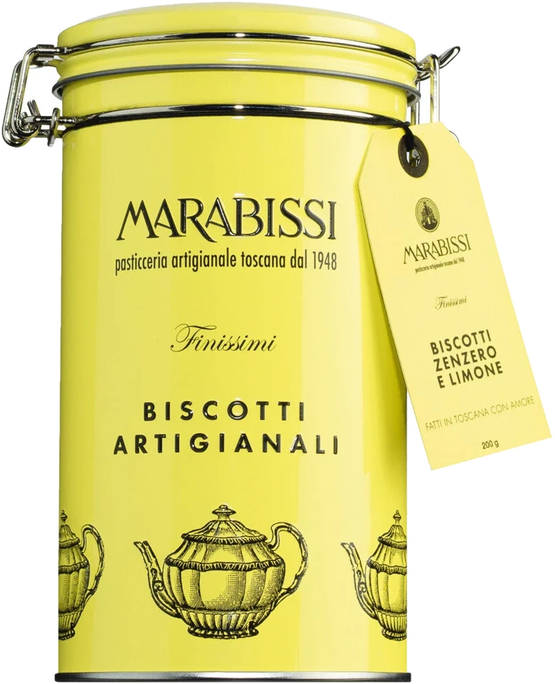 Pasticceria Marabissi Biscotti al limone e zenzero Giallo – Butterkekse mit Zitrone und Ingwer in gelber Blechdose.