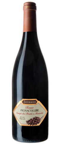 Jermann Pignacolusse, Rotwein aus der Pignolo-Traube, dunkle Weinflasche mit charakteristischem Etikett