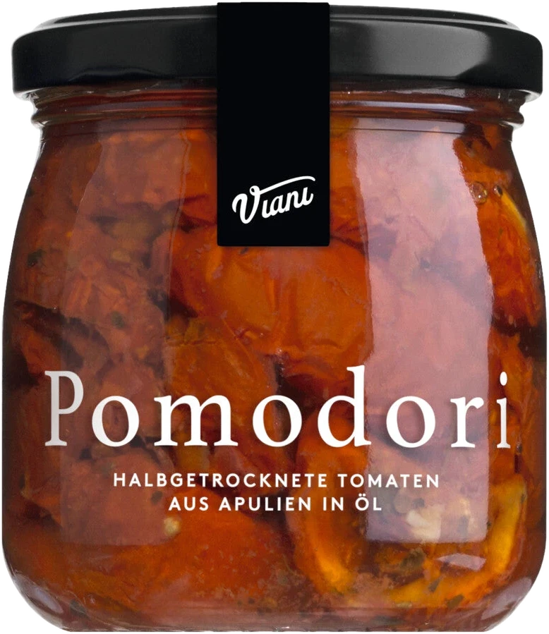 Halbgetrocknete Tomaten in Öl mit Kräutern und Knoblauch – POMODORI Antipasti aus Italien im Glas