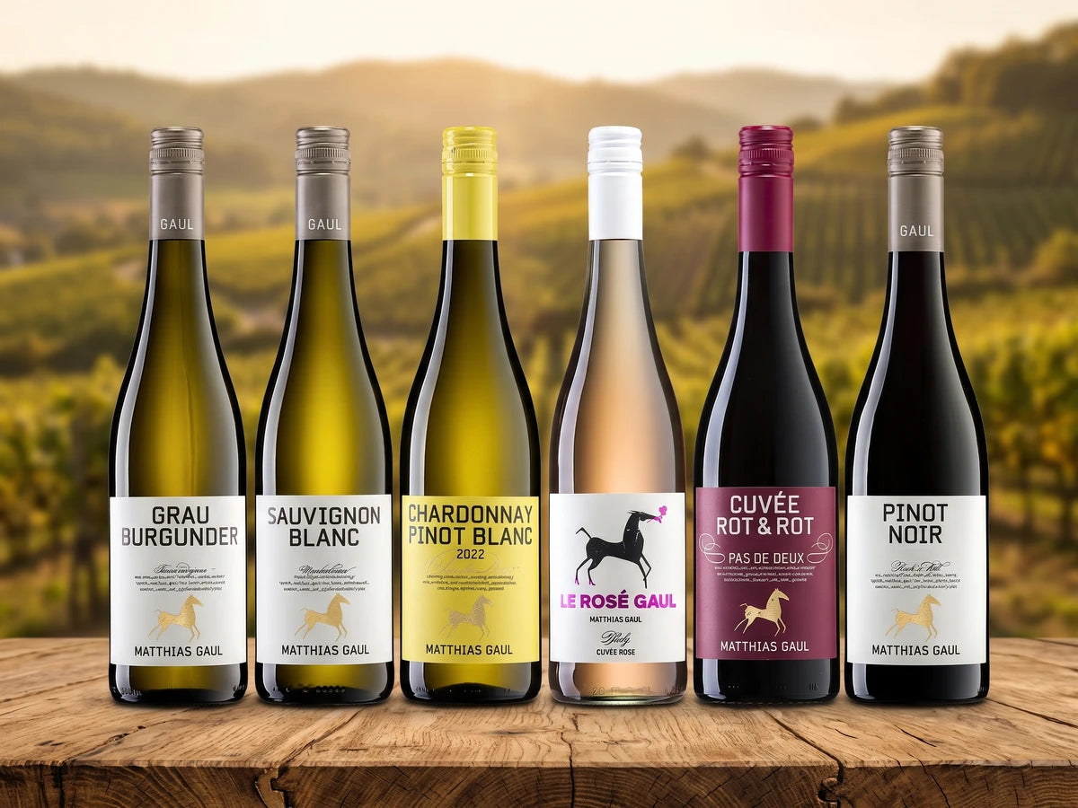 Probierpaket Matthias Gaul – sechs Flaschen des Pfälzer Weinguts Matthias Gaul auf einem Holztisch vor sommerlichen Weinbergen.