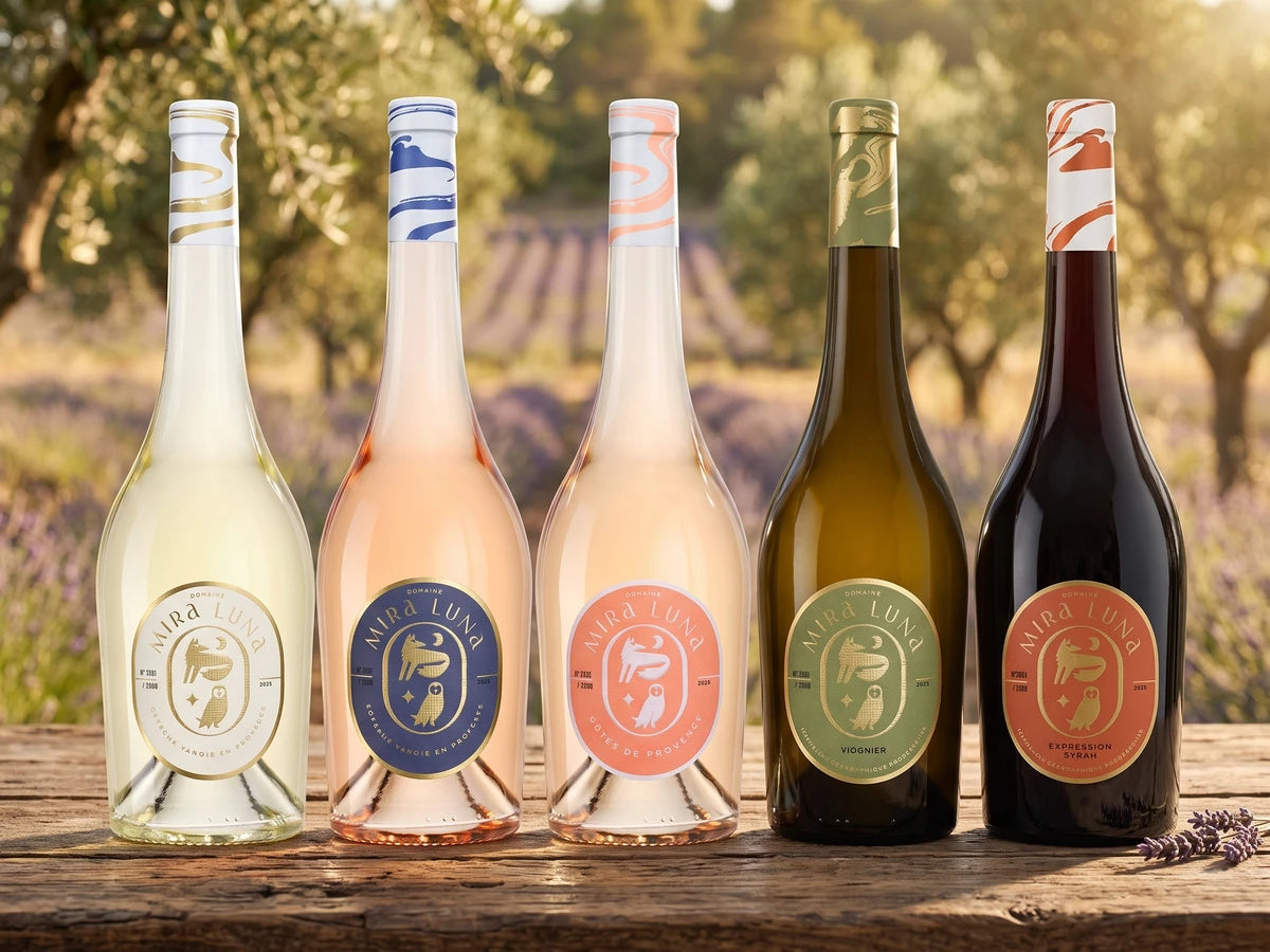 Probierpaket Mira Luna – fünf Flaschen der Domaine Mira Luna auf einem Holztisch vor Lavendelfeld und Olivenbäumen in der Provence.