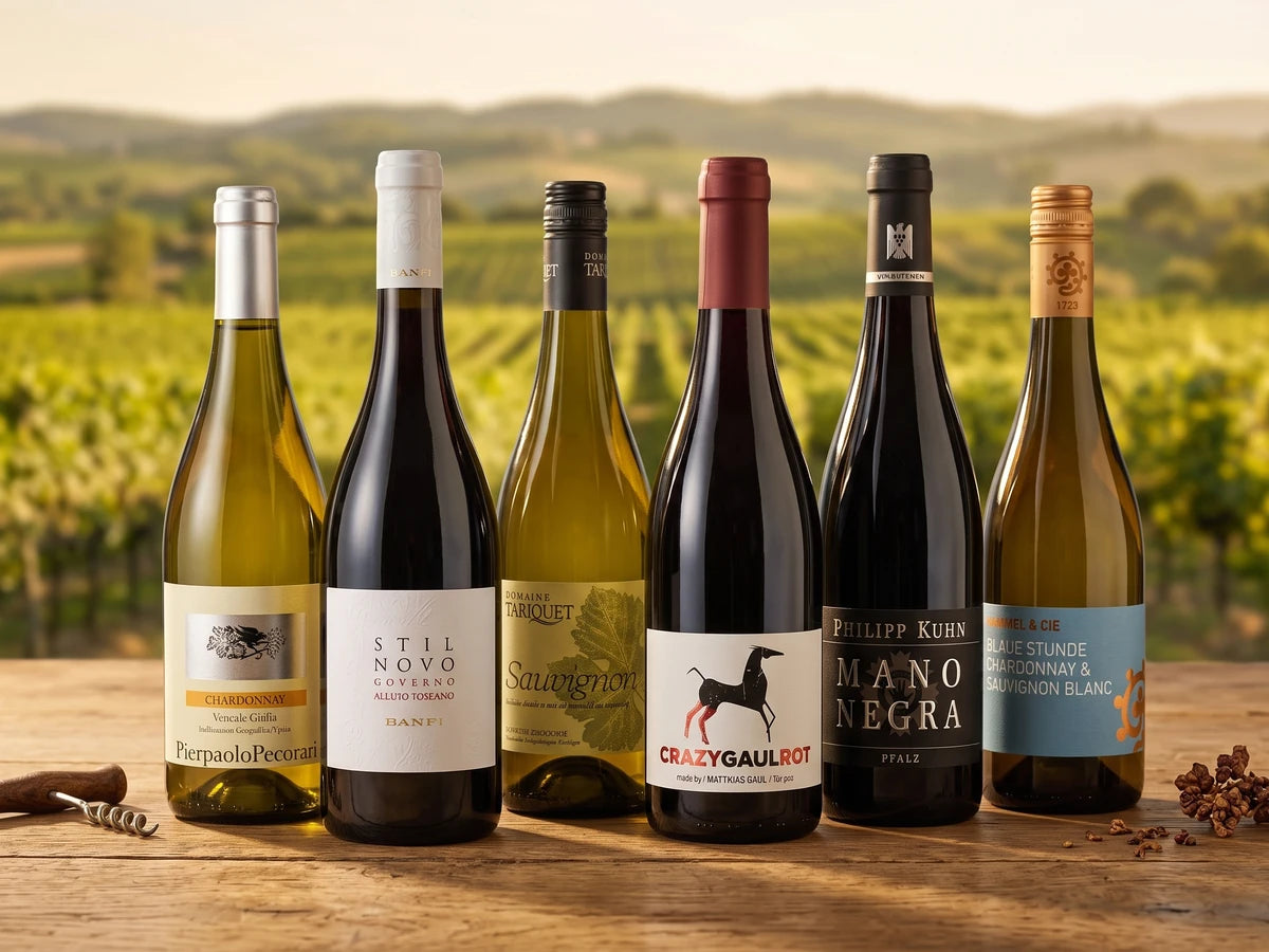 Probierpaket Rot- & Weißwein – sechs Flaschen Rot- und Weißwein nebeneinander auf einem Holztisch vor sommerlicher Weinberglandschaft.