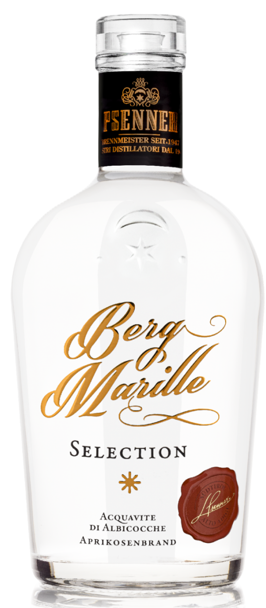 Psenner Bergmarille Aprikosenbrand Selection, Flasche mit Etikett, Obstbrand aus Südtirol