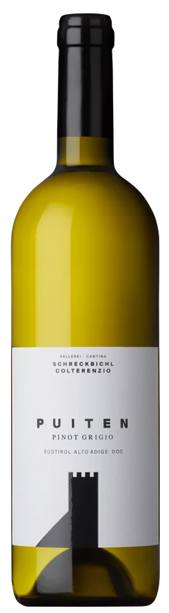 Weißweinflasche Puiten Pinot Grigio von Kellerei Schreckbichl, helles Etikett mit Bergmotiv