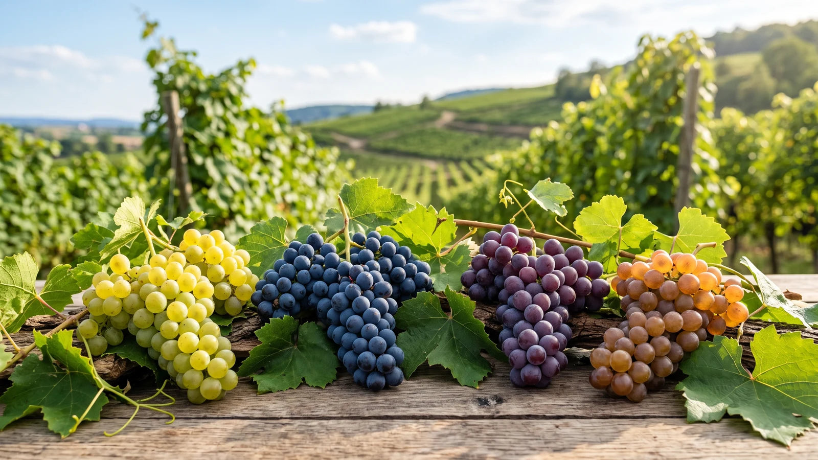 Four grape varieties in different colors in front of a sunny vineyard – grape variety diversity at Vinoscout