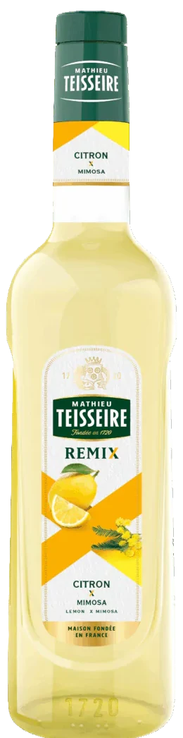 Flasche Mathieu Teisseire Remix Zitrone & Mimose Sirup mit gelbem Etikett