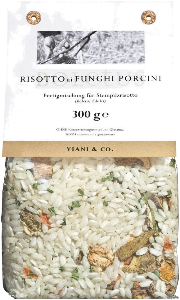 Trockenmischung Risotto ai funghi porcini mit Carnaroli-Reis, getrockneten Steinpilzen, Gemüse und Kräutern in Packung