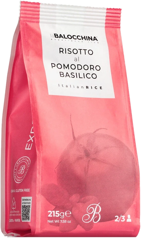 Risotto-Mischung mit getrockneten Tomaten und Basilikum in Packung – Risotto pomodoro e basilico