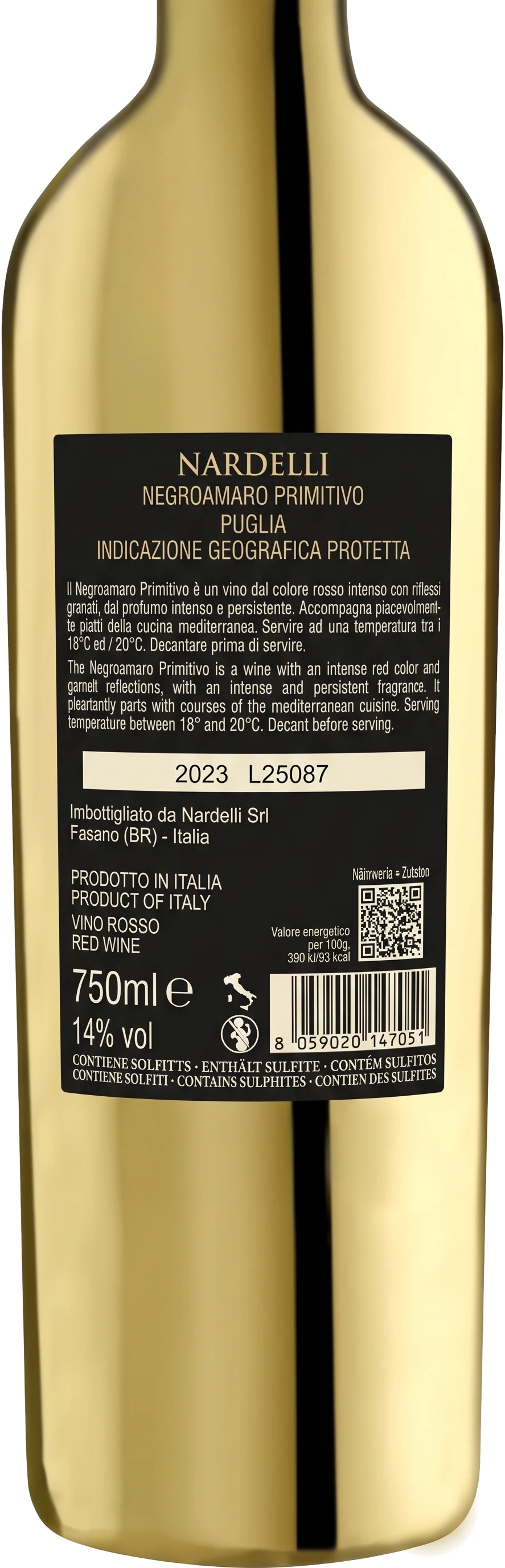 Back label Nardelli 1976 Gold Edition Negroamaro Primitivo Puglia IGP
