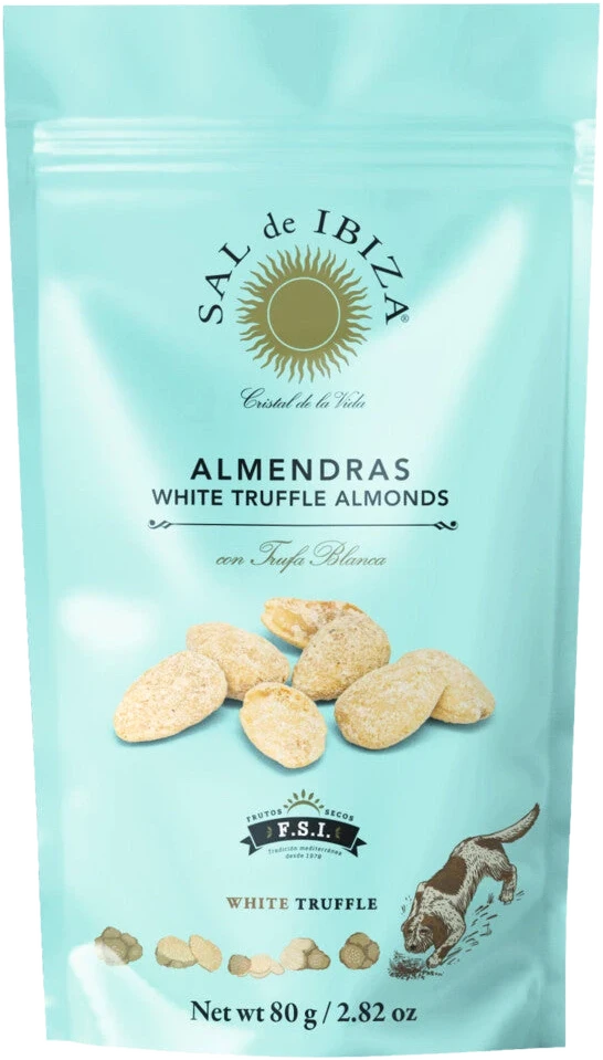 Sal de Ibiza Almendras White Truffle Almonds – geröstete Marcona-Mandeln mit weißem Trüffel in einer Verpackung