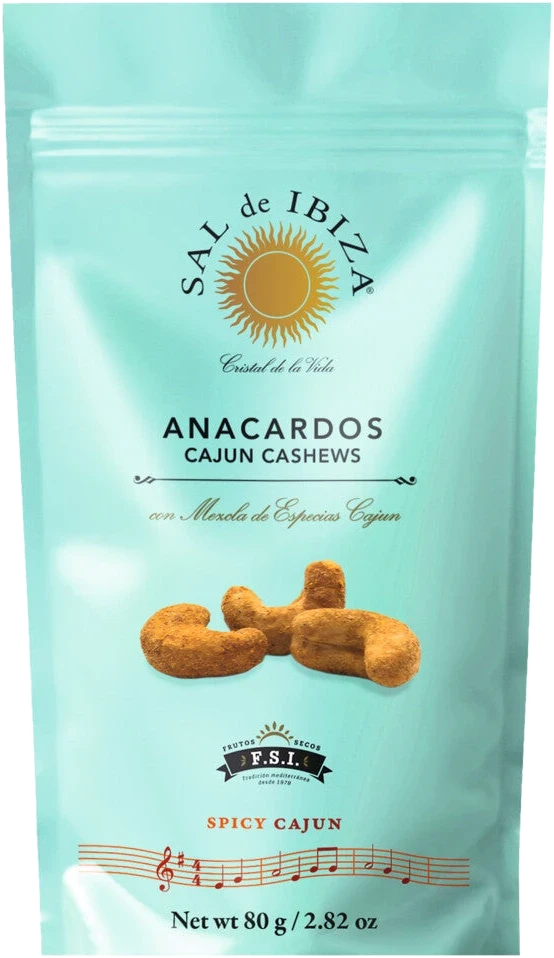 SAL de IBIZA Anacardos Spicy Cajun 80g – geröstete Cashewkerne in einer kleinen Packung mit Cajun-Gewürzmischung