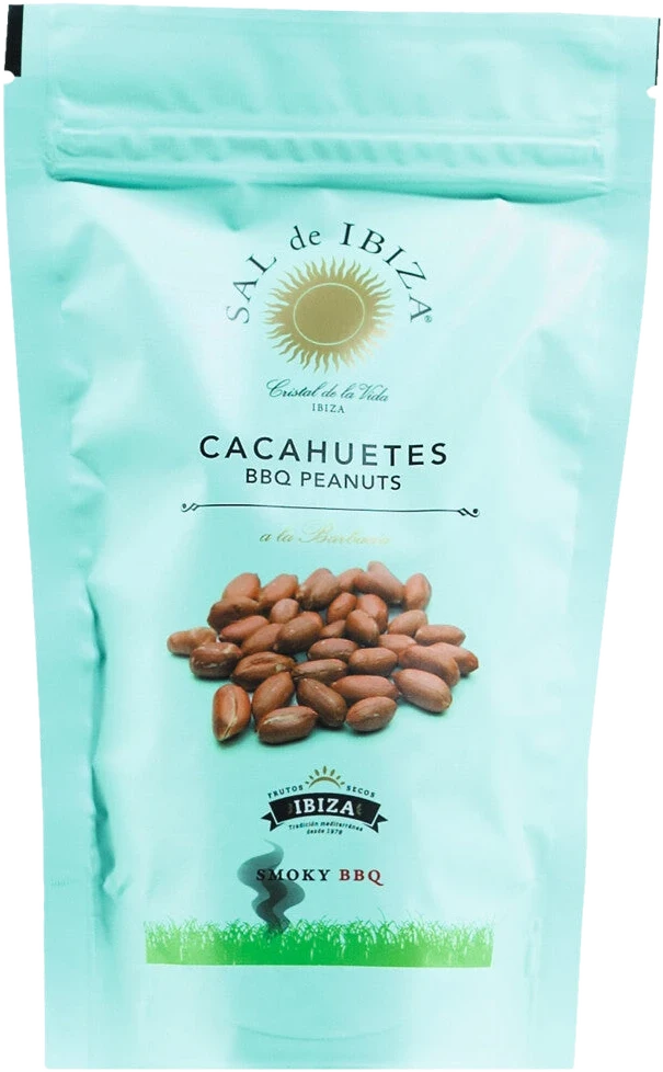 Sal de Ibiza Cacahuetes Smoky Barbeque 80g – geröstete Erdnüsse mit Meersalz und BBQ-Gewürzmischung in einer Tüte.