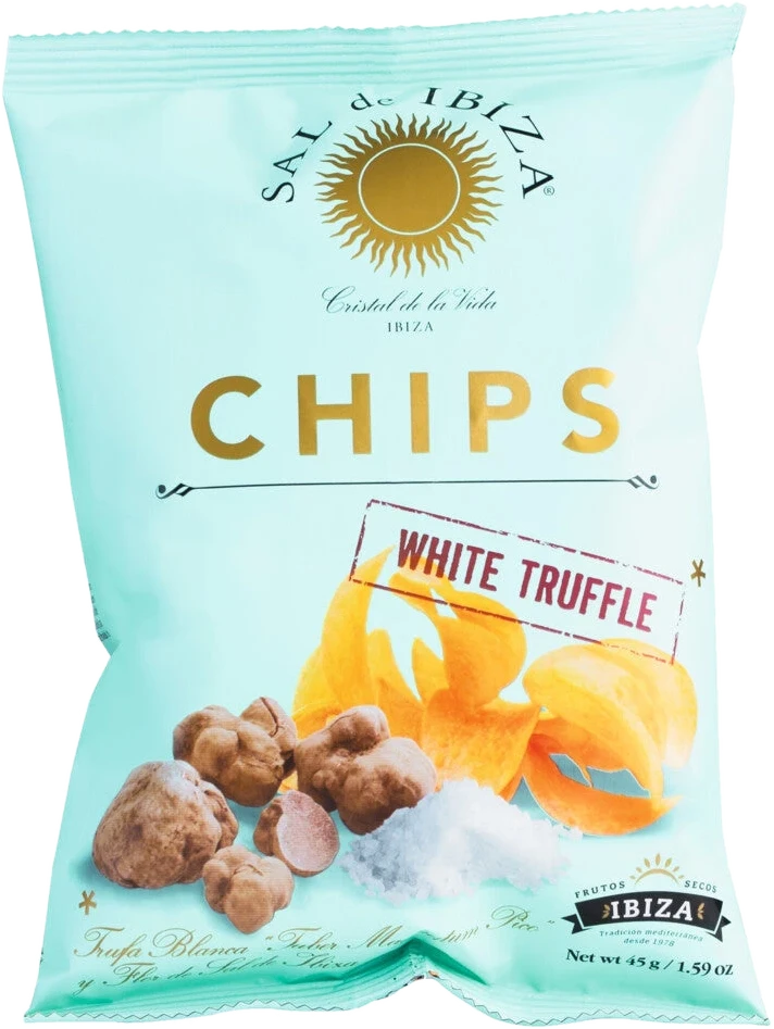 Sal de Ibiza Chips Truffles 45g: Knusprige Chips mit Flor de Sal und weißem Trüffelpulver in goldener Verpackung.