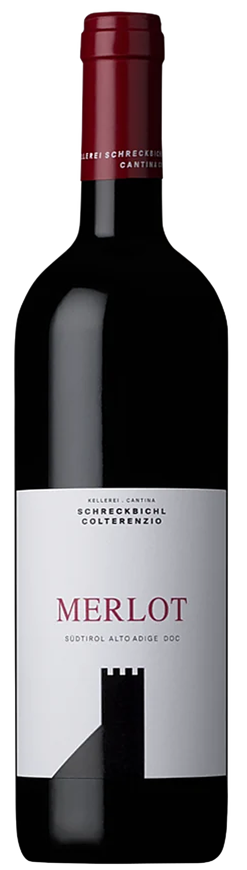 Kellerei Schreckbichl Merlot Rotwein, dunkle Glasflasche mit Etikett