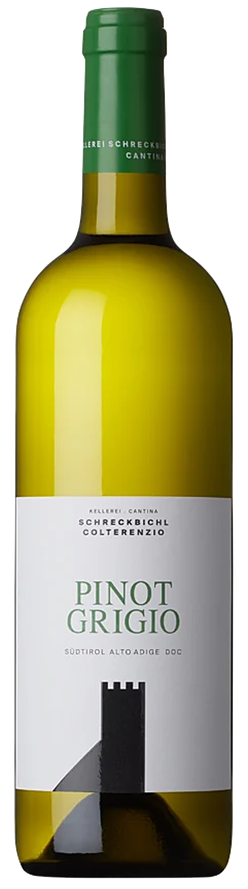 Weißweinflasche Kellerei Schreckbichl Pinot Grigio, helle Etikette mit Bergmotiv