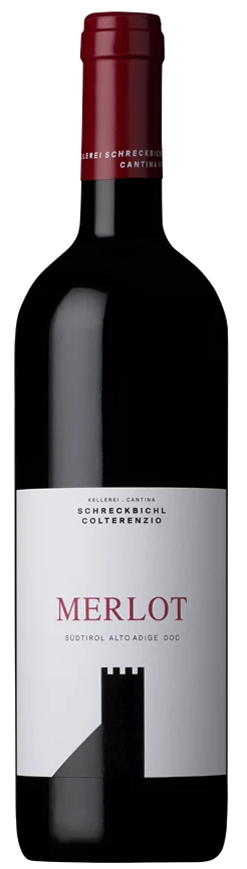 Kellerei Schreckbichl Merlot Rotwein, dunkle Glasflasche mit Etikett