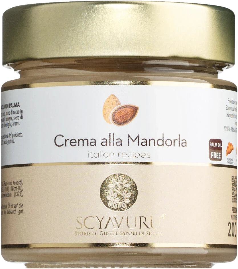 Glas Crema alla Mandorla senza olio di palma von Scyavuru – cremige Mandelcreme aus Italien, streichfähig, ohne Palmöl
