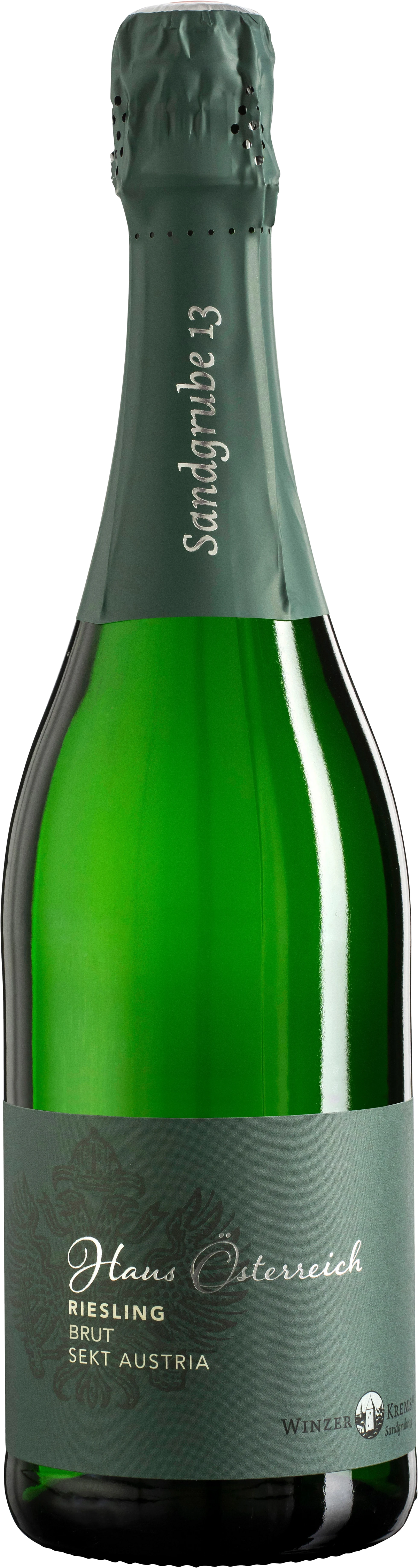 Flasche Sekt HAUS ÖSTERREICH brut von WINZER KREMS eG, weißer Schaumwein mit elegantem Etikett
