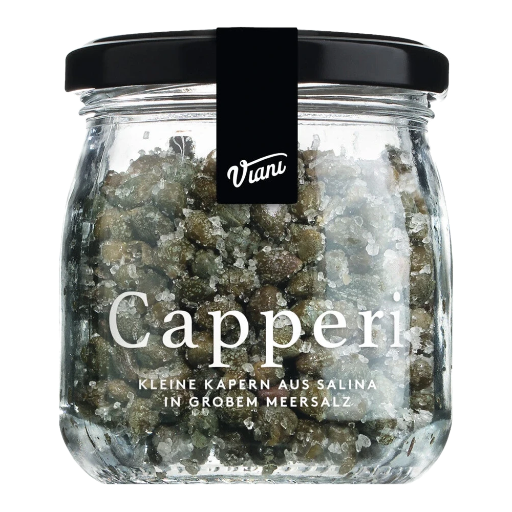 Jar with caper buds in coarse sea salt – CAPPERI capers from Salina by an unknown manufacturer