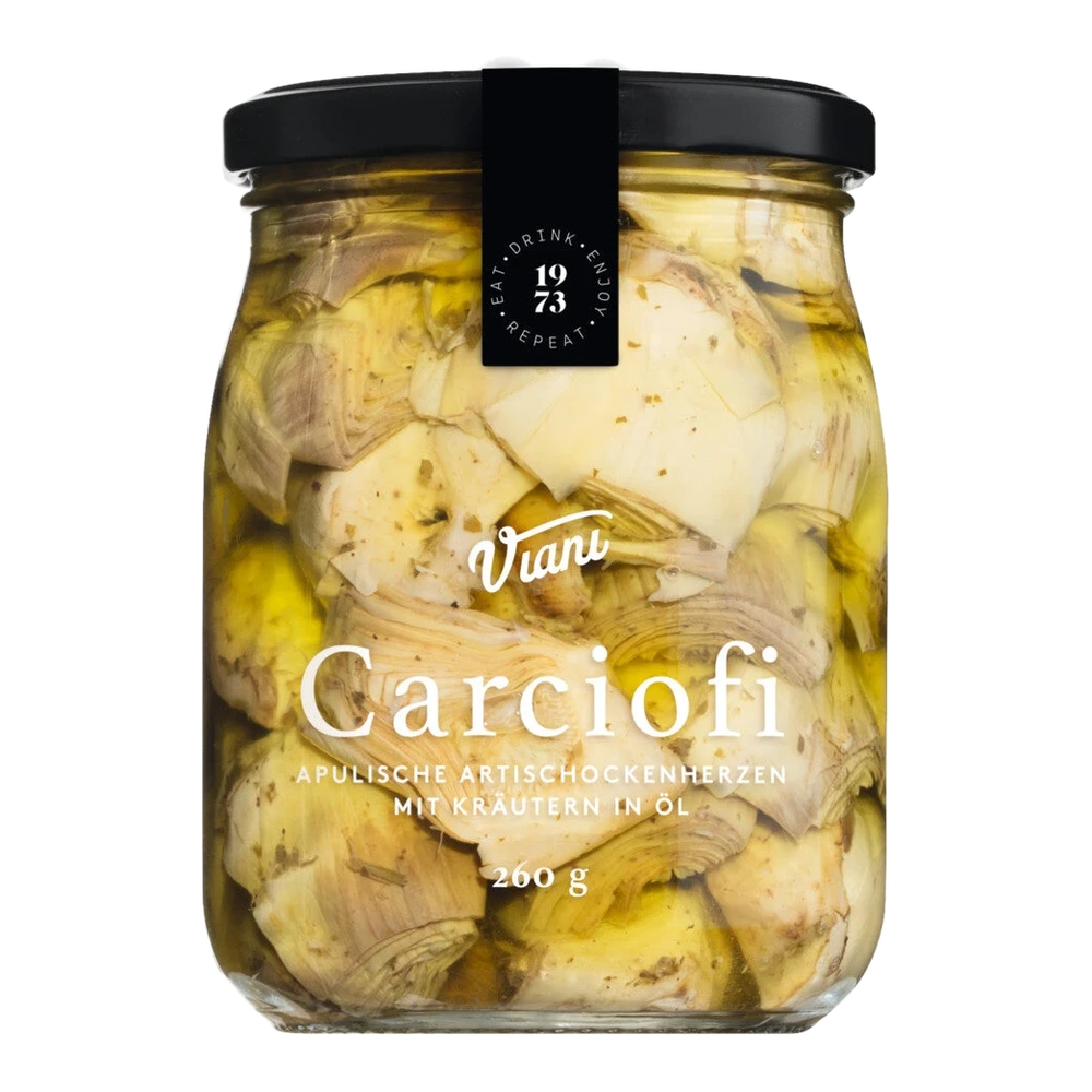 Glas mit ganzen Artischockenherzen in Kräuteröl, CARCIOFI Antipasti aus Italien