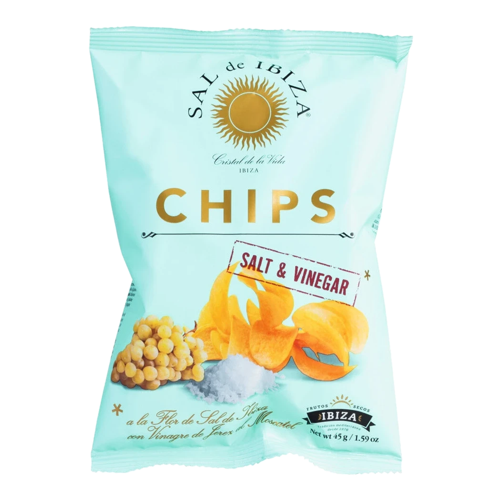 Sal de Ibiza Chips Salt & Vinegar – wafer-thin potato chips with Flor de Sal and sherry vinegar.