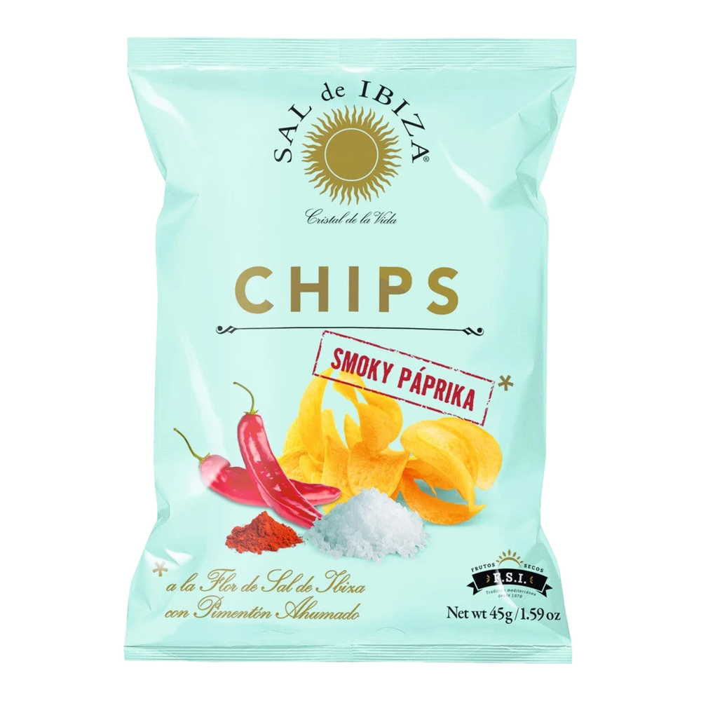 Sal de Ibiza Chips Smoky Paprika: potato chips in a pack, seasoned with smoked paprika Pimentón de la Vera