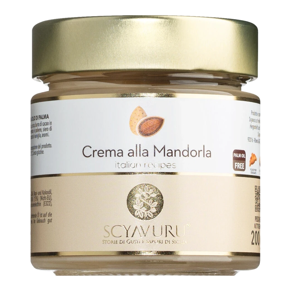 Jar of Crema alla Mandorla senza olio di palma by Scyavuru – creamy almond cream from Italy, spreadable, palm oil-free