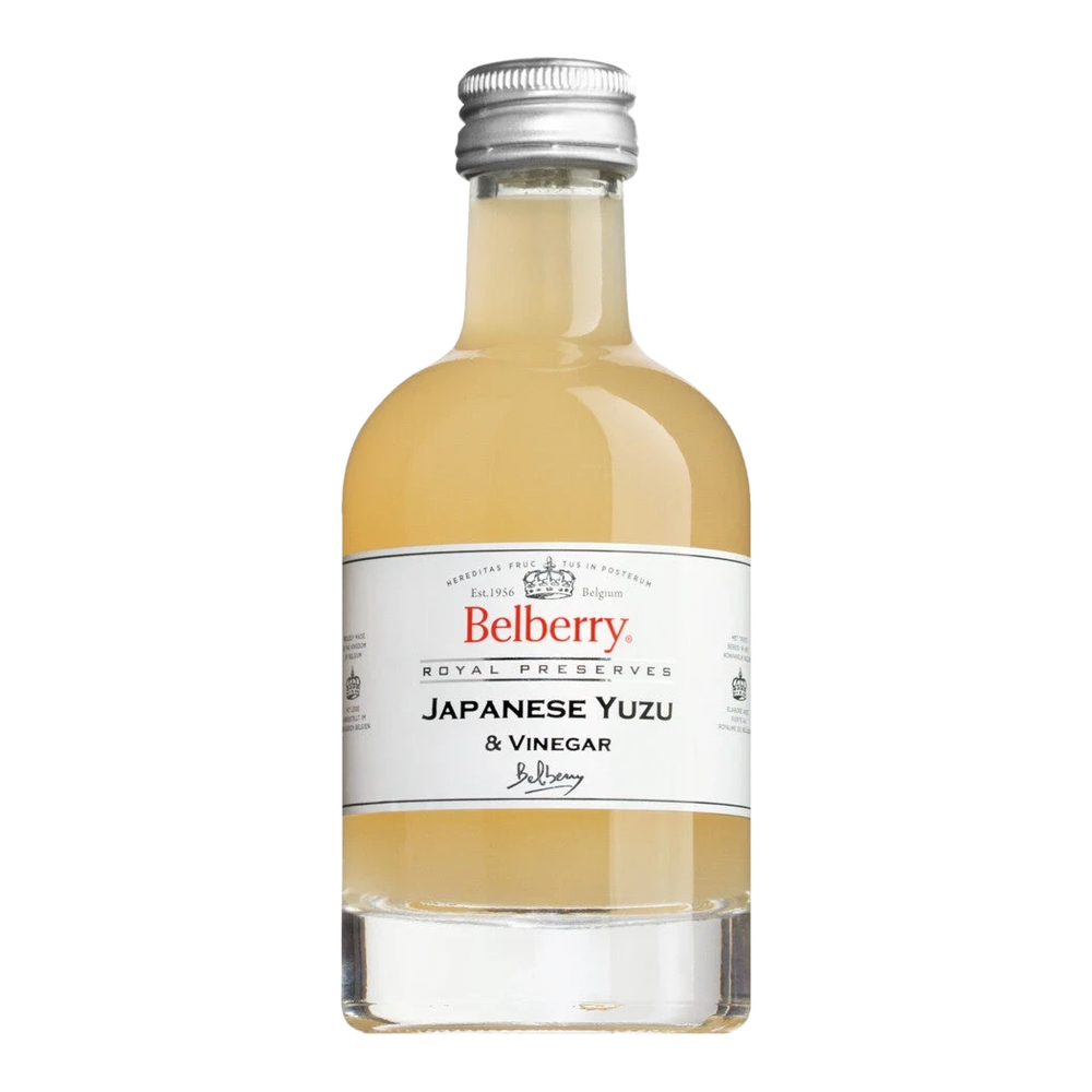Belberry Japanese Yuzu Vinegar, small glass bottle with a light label and yuzu citrus motif