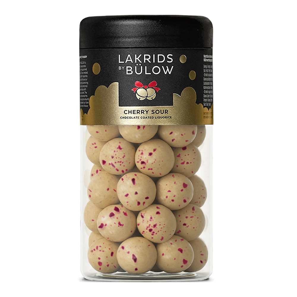 Schwarze Dose mit rotem Deckel: Lakrids by Bülow Cherry Sour Lakritz, 270g