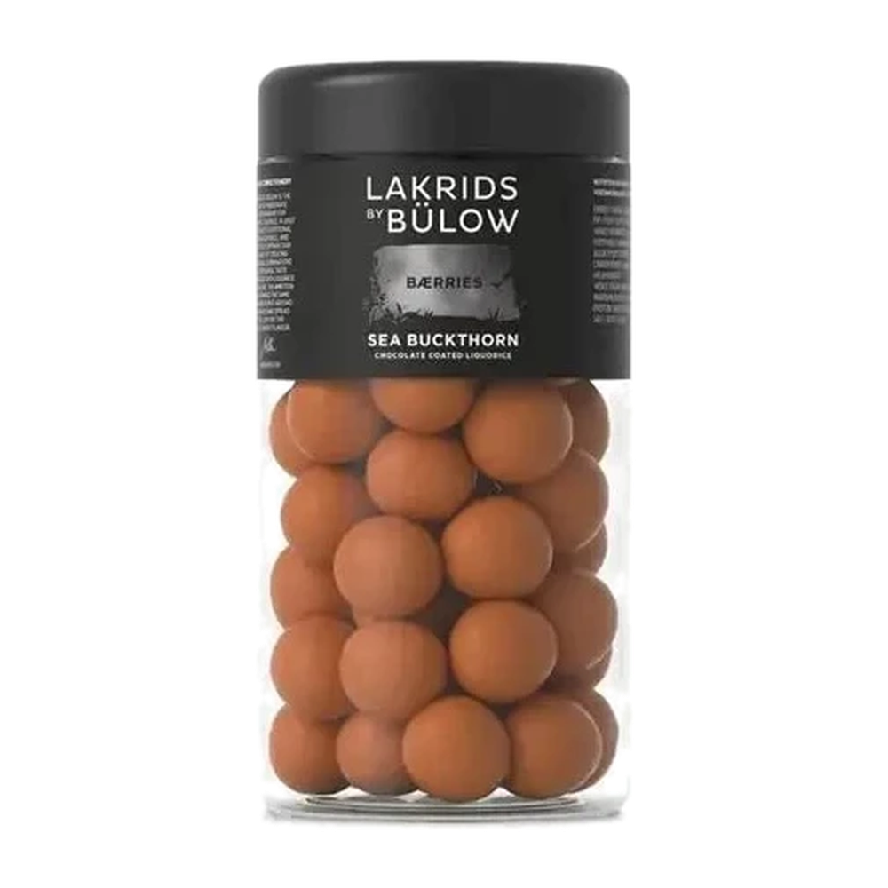 Lakrids by Bülow Sea Buckthorn Lakritz in schwarzer runder Dose mit goldenem Deckel