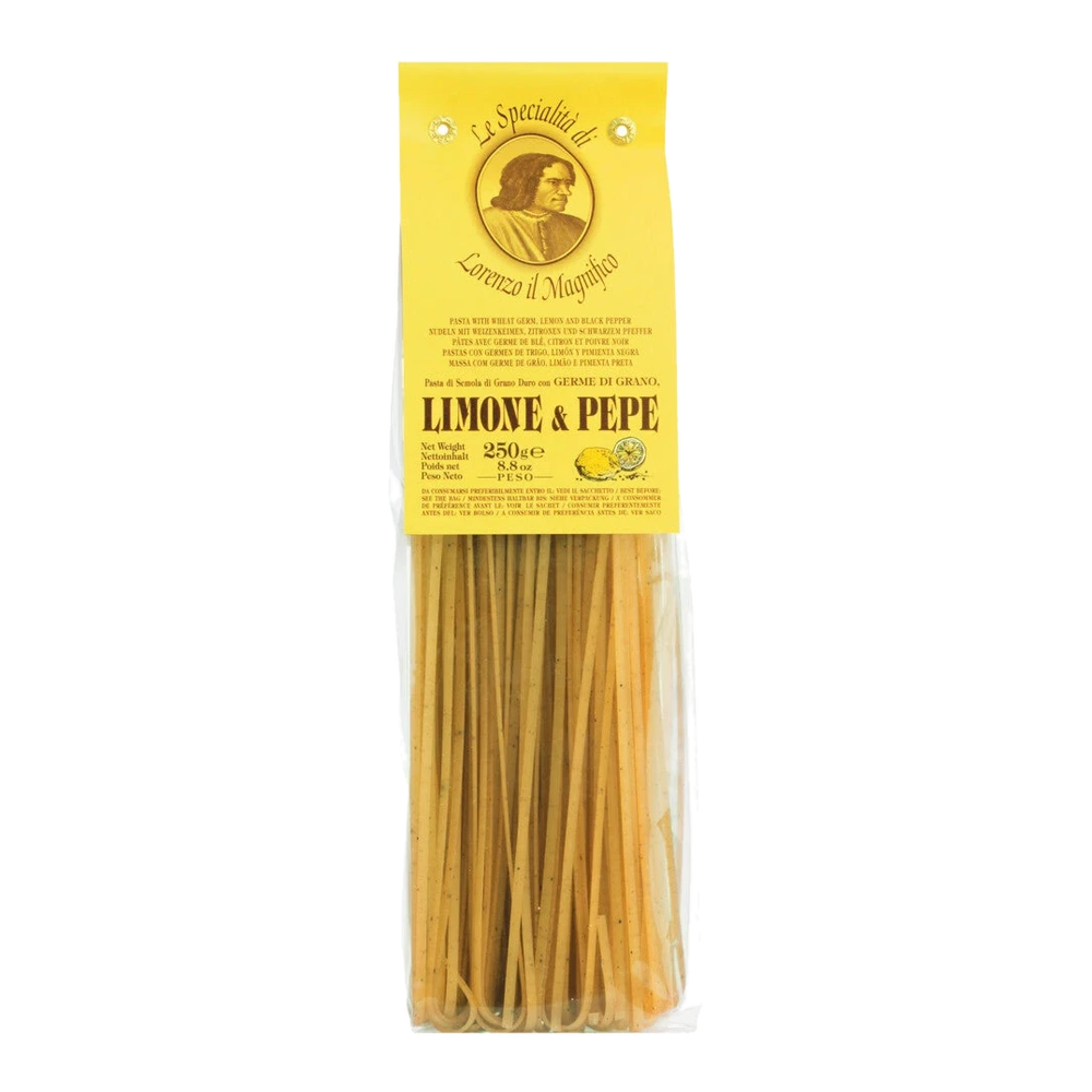 Linguine Limone e Pepe from Tuscany with lemon and pepper, dry pasta in packaging, artisanally produced
