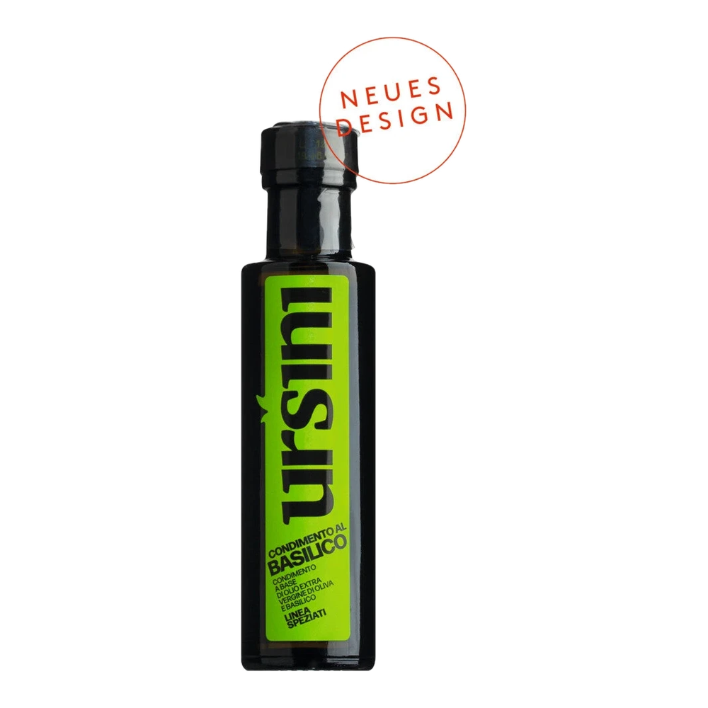 Ursini Terre dell'Abbazia Olio Basilico – cold-pressed olive oil with basil in a gold-green bottle