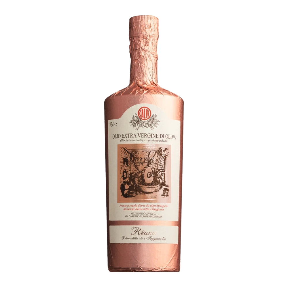 Bottle of organic olive oil Olio extra vergine Reuza, blend of Biancolilla and Taggiasca olives