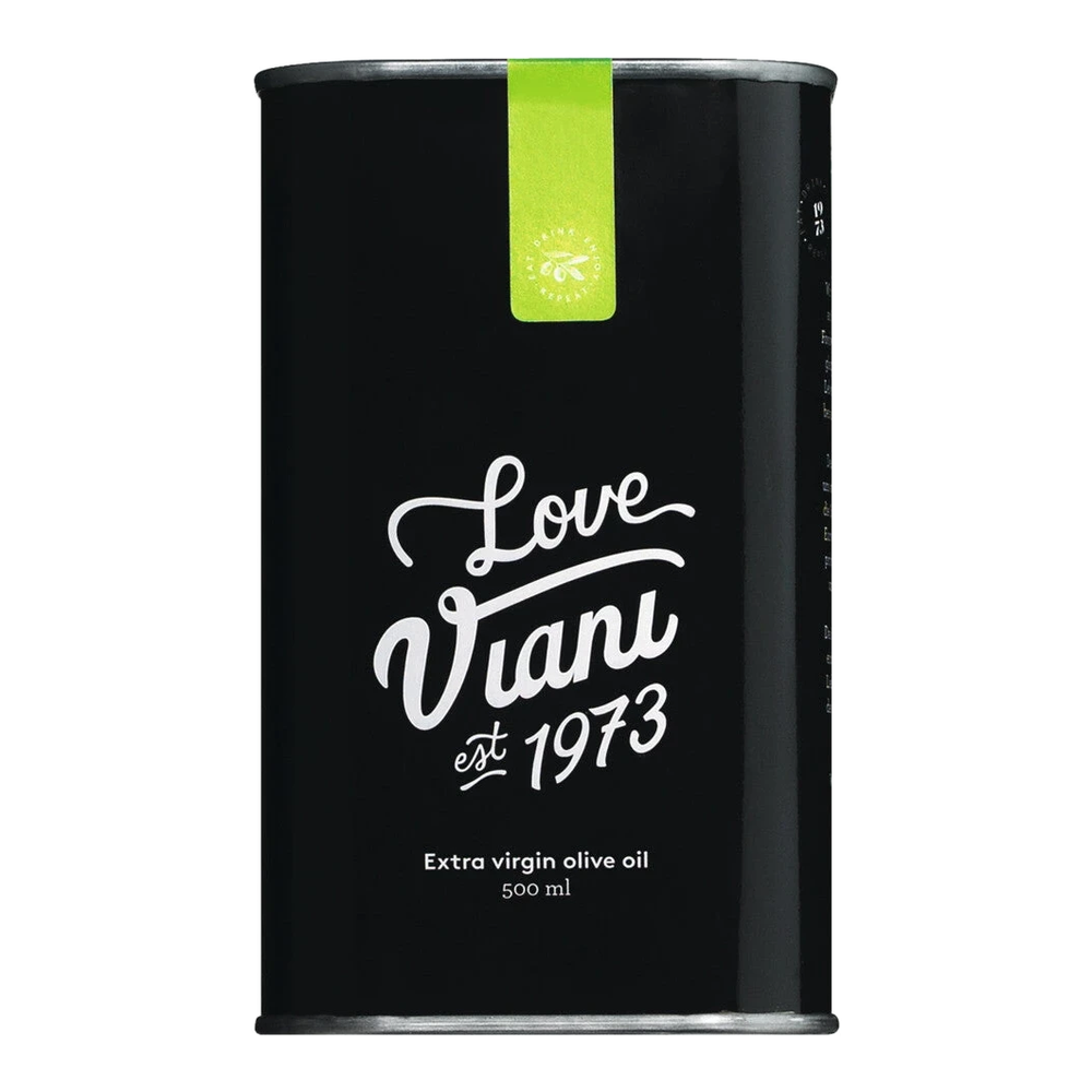 Olio Viani Gentle Love olive oil in a black tin, mild fruity Arbequina oil from Catalonia, Northern Spain.