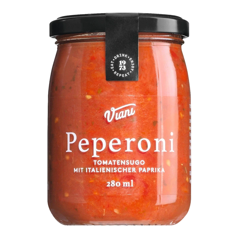 Jar of tomato sugo with bell peppers and herbs by Antonio Viani – PEPERONI tomato sugo with bell peppers