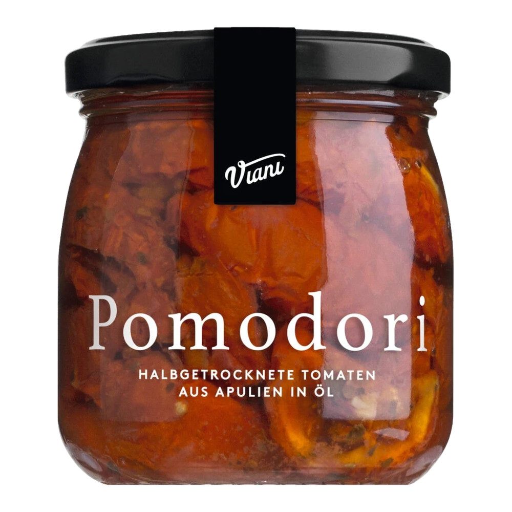 Halbgetrocknete Tomaten in Öl mit Kräutern und Knoblauch – POMODORI Antipasti aus Italien im Glas