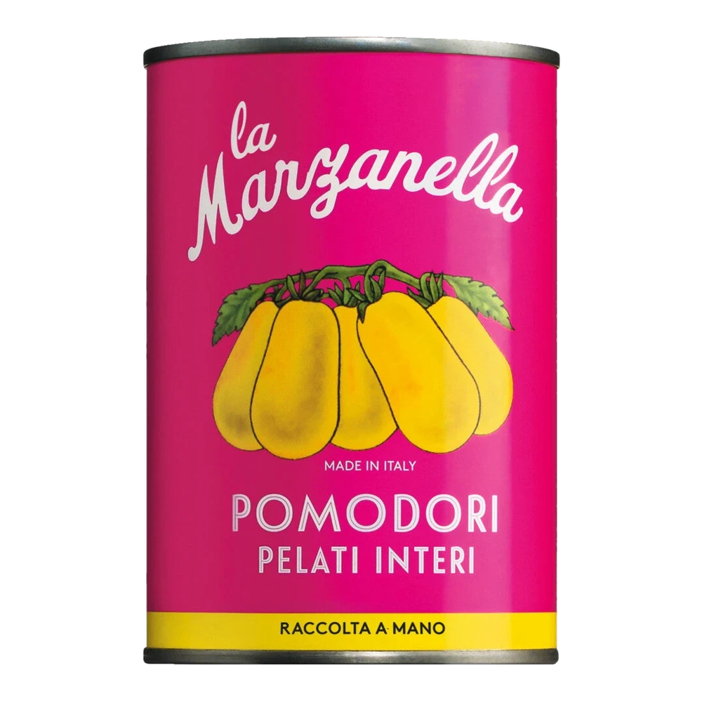 Can of Pomodori pelati gialli – whole, peeled yellow tomatoes in their own juice, in pink vintage design