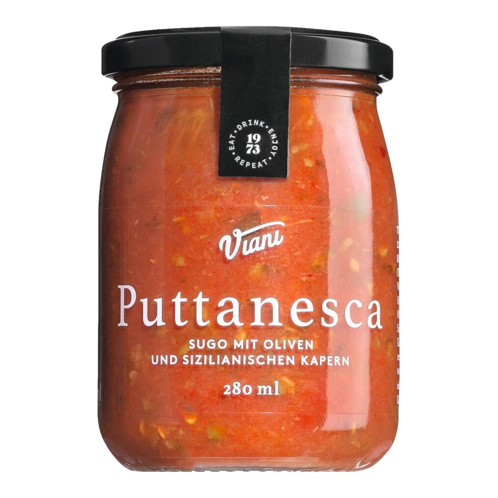 Antonio Viani Puttanesca – sugo with olives and capers in a jar, Italian tomato sauce with garlic and chilli