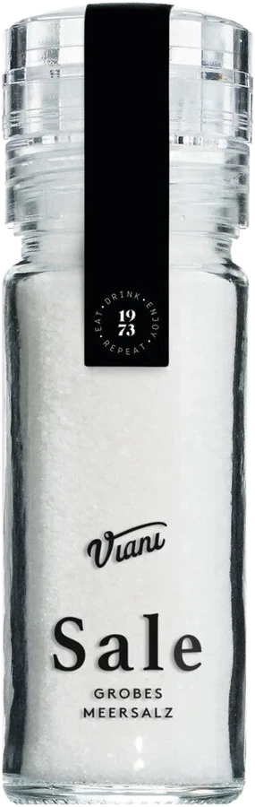 Coarse sea salt from Italy, 110 g, in a glass mill – natural crystals without additives or anti-caking agents.