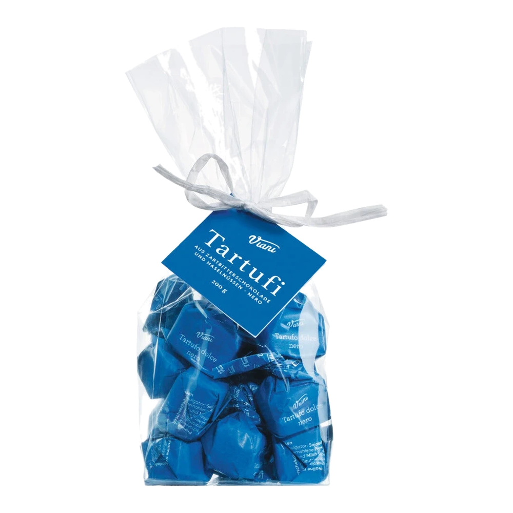 Transparent bag with 14 chocolate truffles in blue paper – Tartufi dolci neri, sacchetto