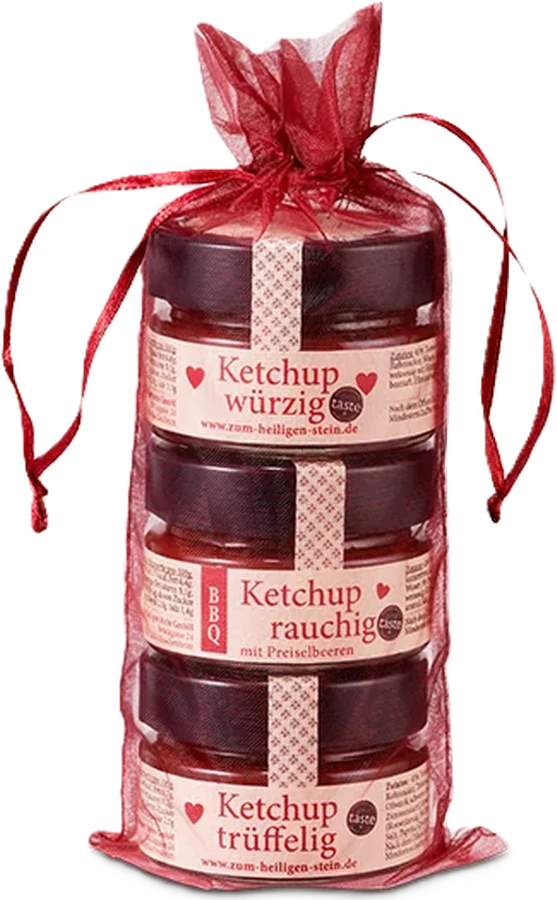 Zum Heiligen Stein Ketchup Feinschmeckermix, drei Flaschen à 0,75 g, Glas mit rotem Ketchup und Produktetikett