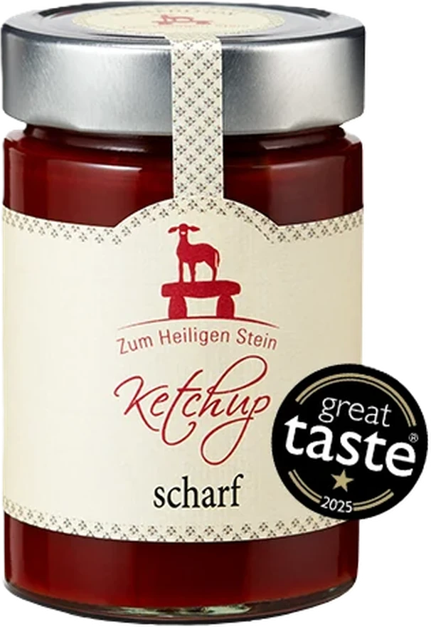 Zum Heiligen Stein Ketchup scharf, 400-g-Tube, rote Verpackung mit Produktlogo