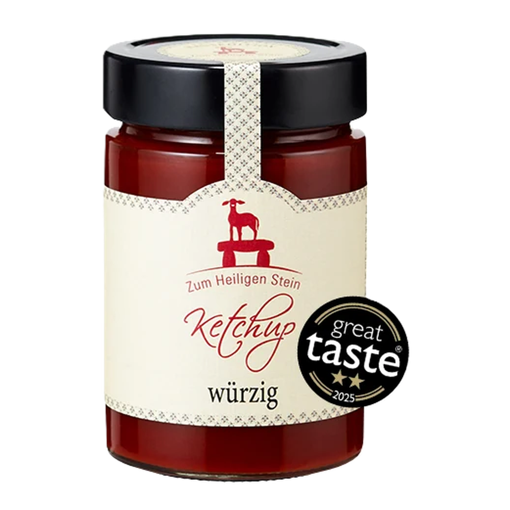 Zum Heiligen Stein GmbH würziger Ketchup in einer 400g Glasflasche mit rotem Etikett