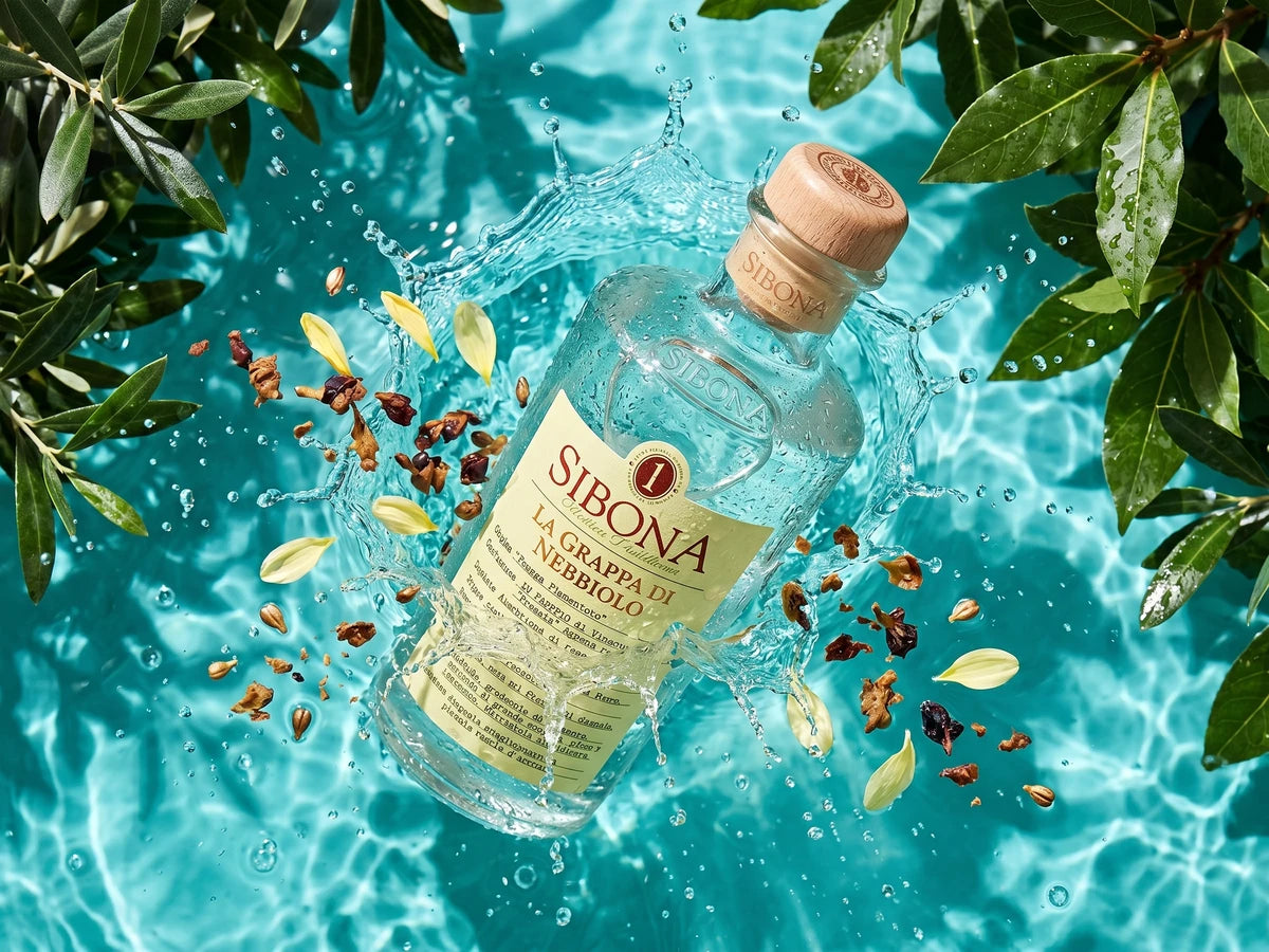 Sibona La Grappa di Nebbiolo – klare Grappa aus Nebbiolo-Trester, destilliert im Piemont, in transparenter Flasche