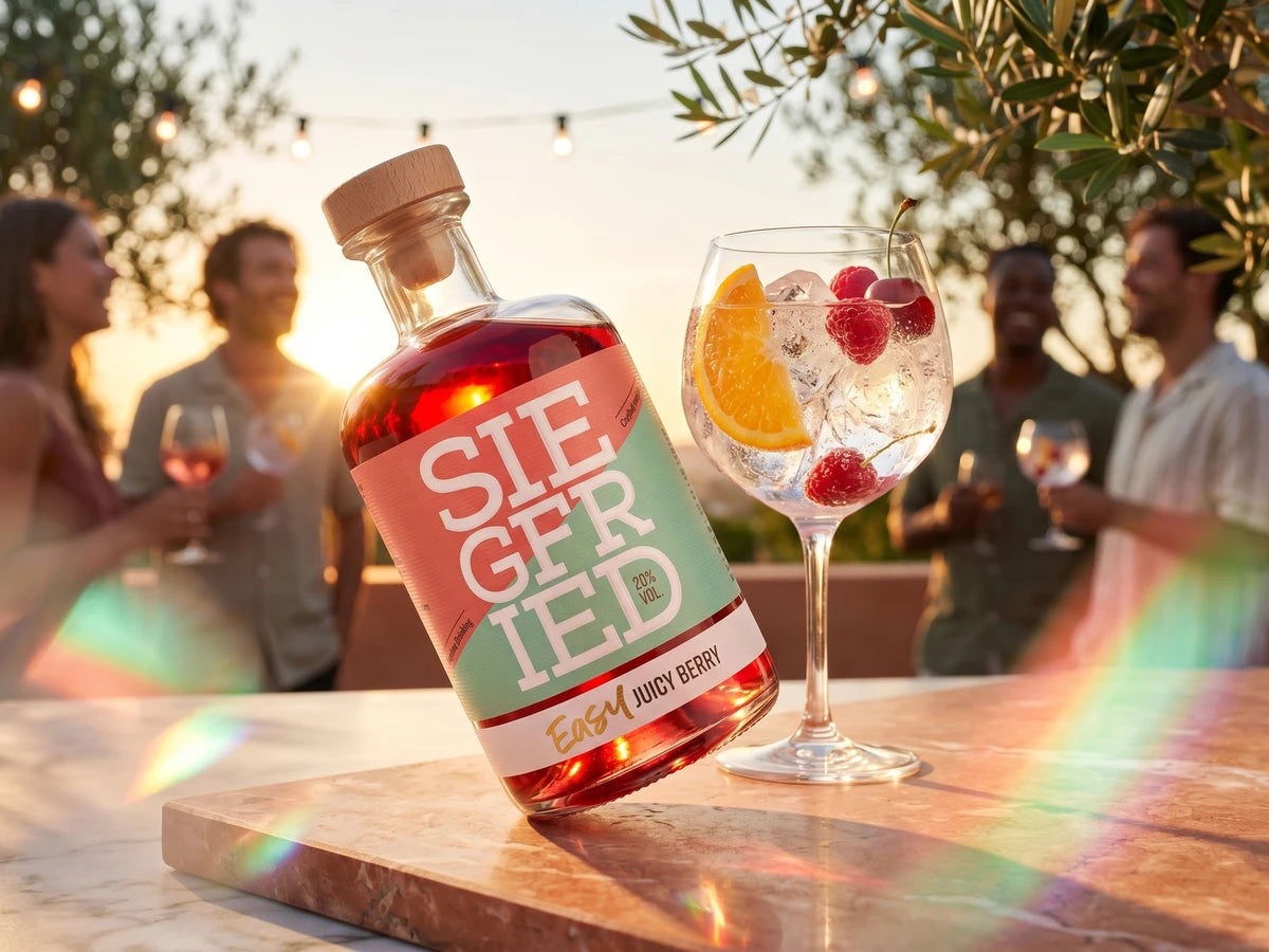 Siegfried Easy Juicy Berry von Rheinland Distillers, 20% vol., Flasche mit fruchtigem Gin-Likör mit Himbeere und Kirsche